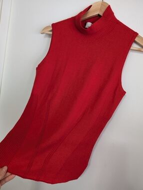 Magaschoni Medium Tank Top High Neck Sleeveless Red Shirt Lightweight Knit Boho
